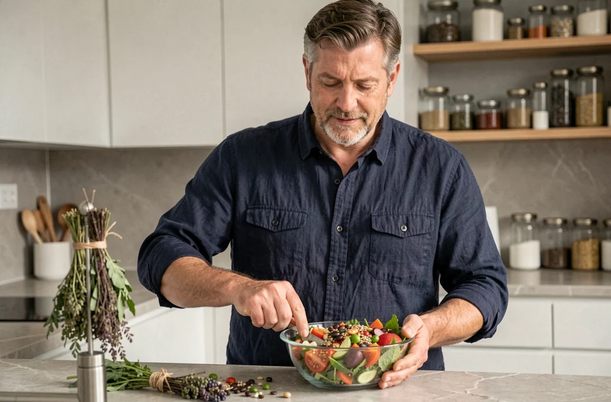 Homme préparant un repas équilibré et coloré dans une cuisine moderne pour une alimentation saine au quotidien
