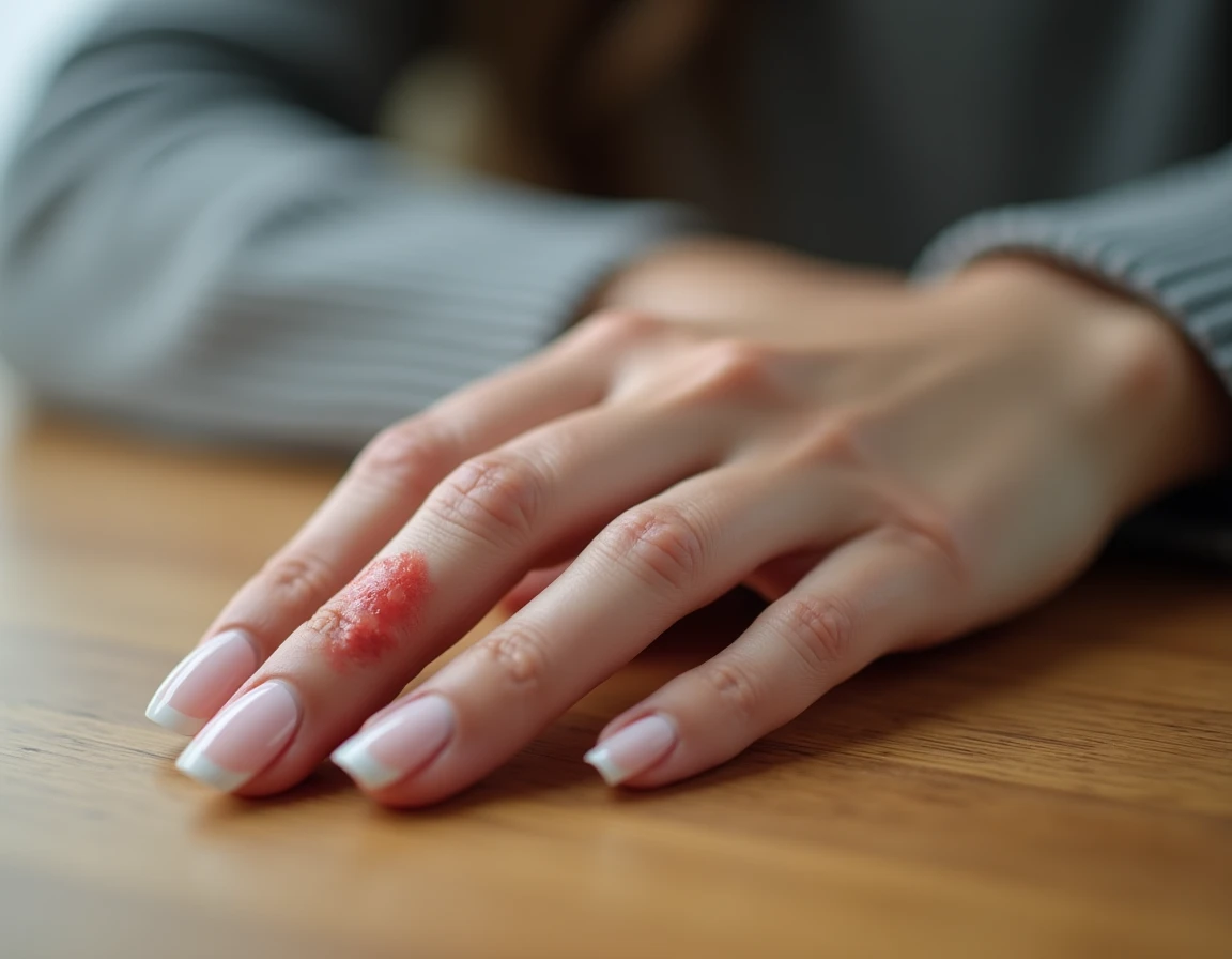Gros plan sur des ongles en porcelaine avec rougeurs et irritations cutanées autour des cuticules, illustrant les risques d'allergie liés aux faux ongles