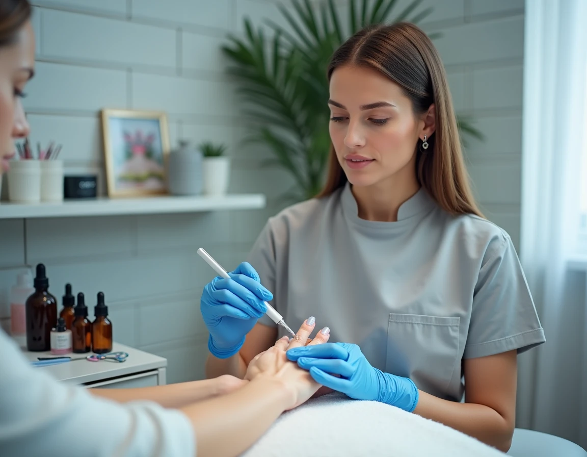 Technicienne en manucure appliquant une alternative en gel sur des ongles naturels, présentant une méthode plus sûre que les ongles en porcelaine pour éviter les allergies