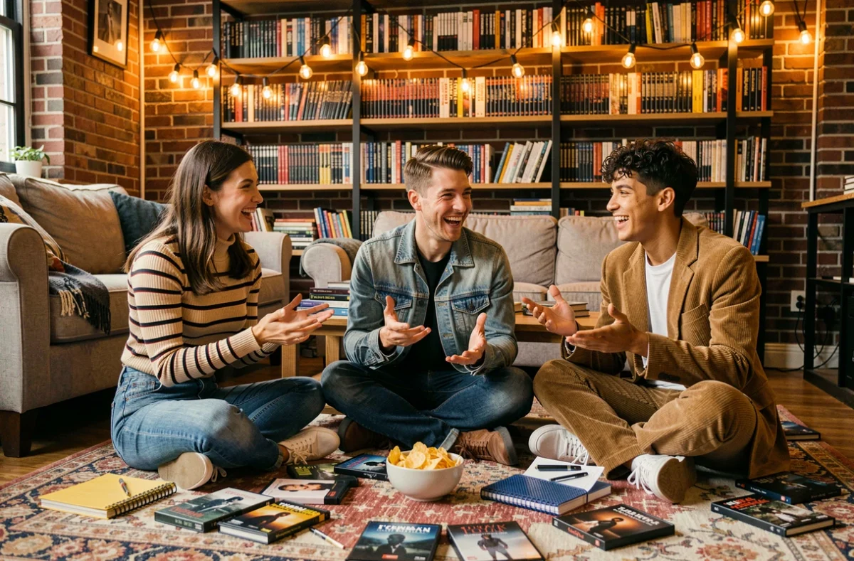 Groupe d'amis cinéphiles discutant de films dans un appartement cosy entouré de DVDs et de livres de cinéma