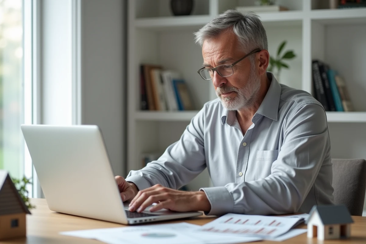 Investisseur immobilier analysant des données financières et des tableaux d'amortissement sur son bureau à domicile
