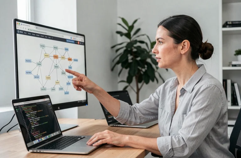 Développeuse web analysant la structure d'un sitemap sur un écran d'ordinateur dans un bureau moderne
