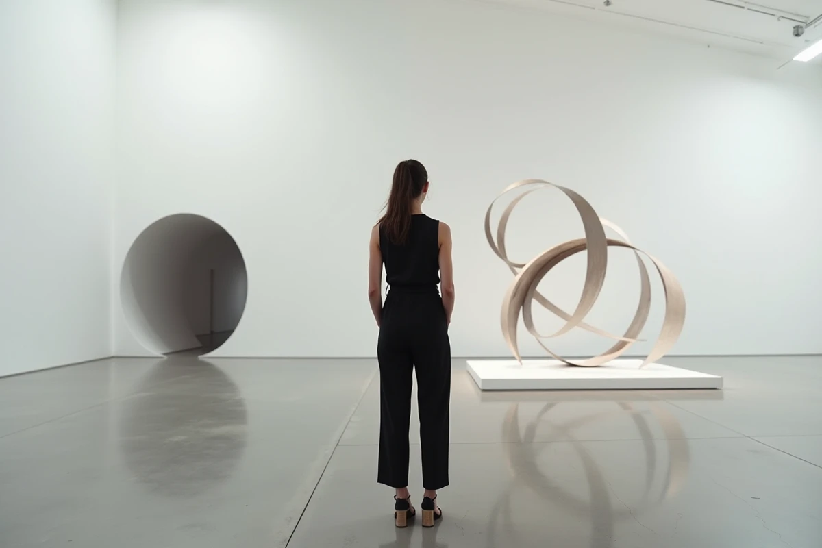 Femme en combinaison noire observant une sculpture moderne