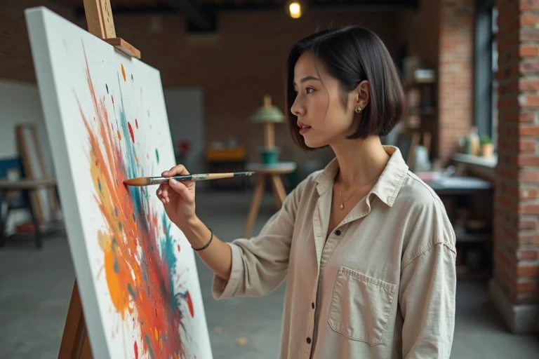 Femme en mouvement peignant dans un studio industriel