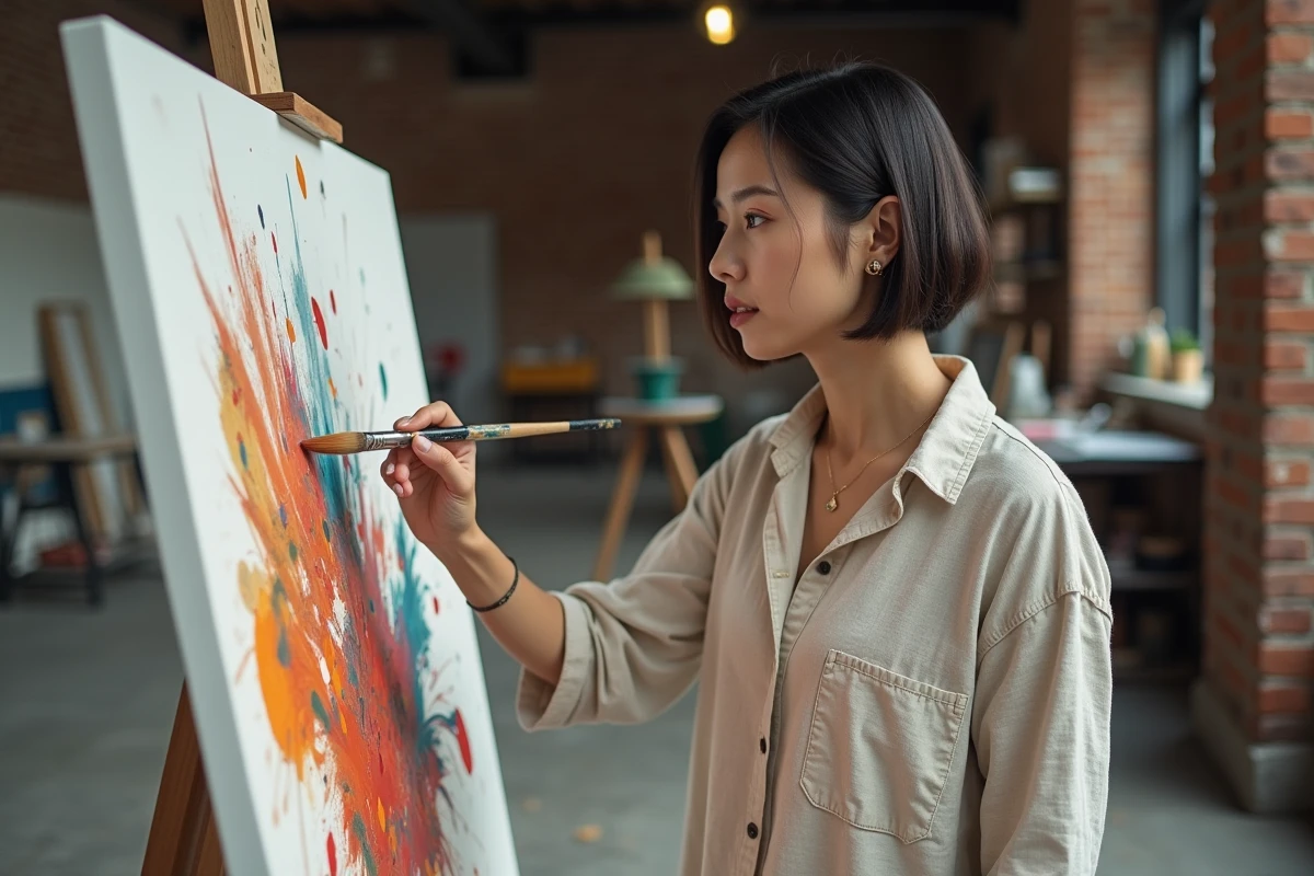 Femme en mouvement peignant dans un studio industriel