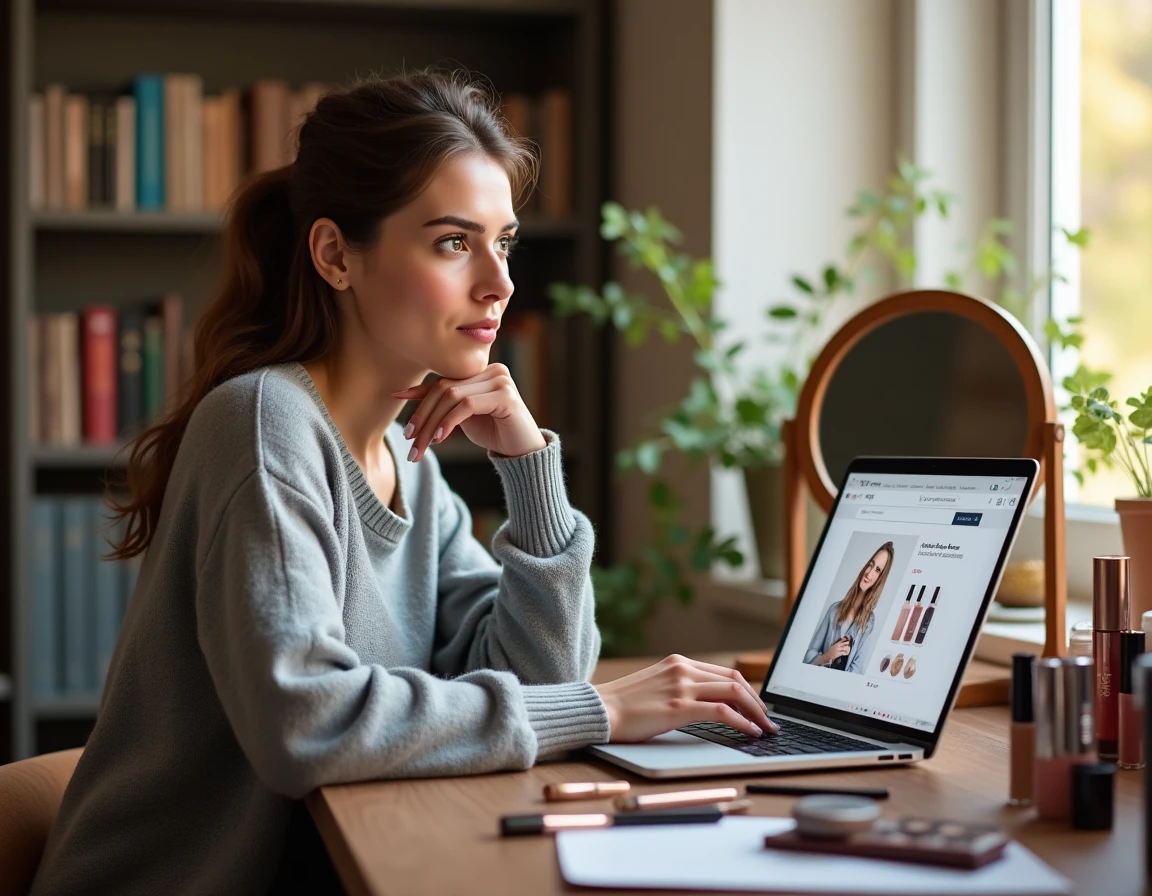 Femme à sa coiffeuse à domicile entourée d'échantillons de maquillage gratuits consultés en ligne