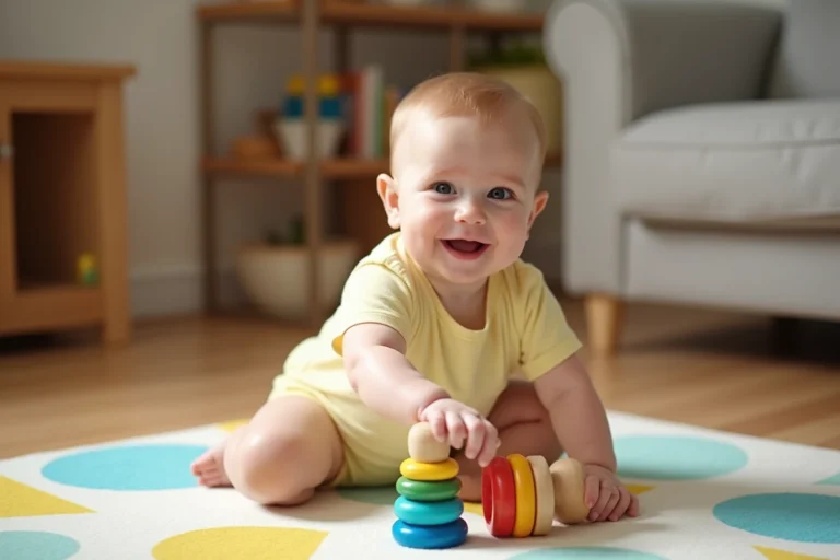 Bébé de 8 mois assis sur un tapis d'éveil coloré, explorant des anneaux en bois empilables pour stimuler sa motricité fine