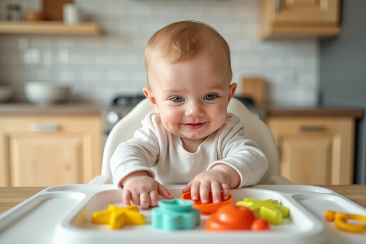 Bébé de 8 mois dans un transat de table explorant des jouets sensoriels en silicone colorés, activité tactile pour l'éveil sensoriel