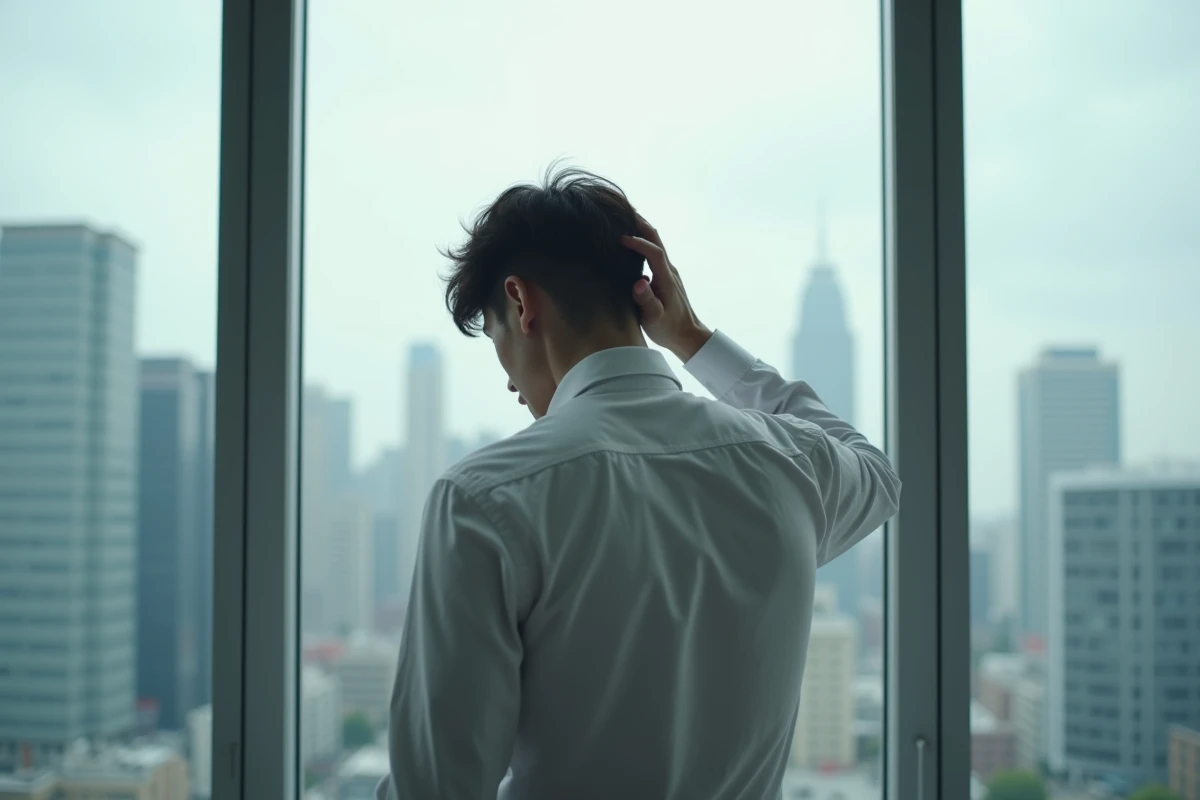 Personne en épuisement professionnel appuyée contre une vitre dans un immeuble de bureaux, regardant la ville