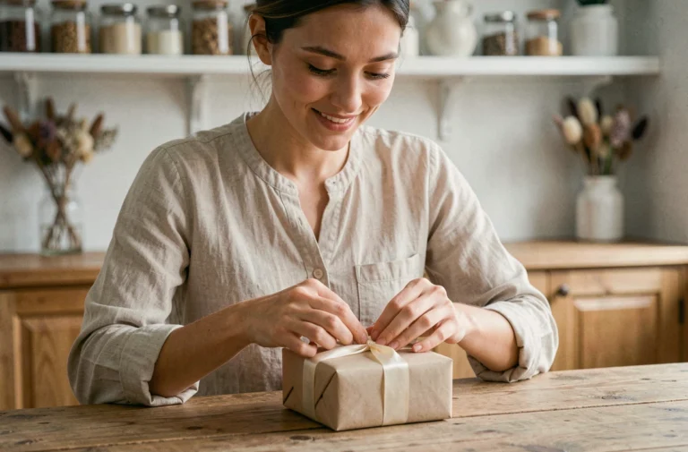 Femme préparant un cadeau de baptême original emballé avec soin sur une table en bois rustique