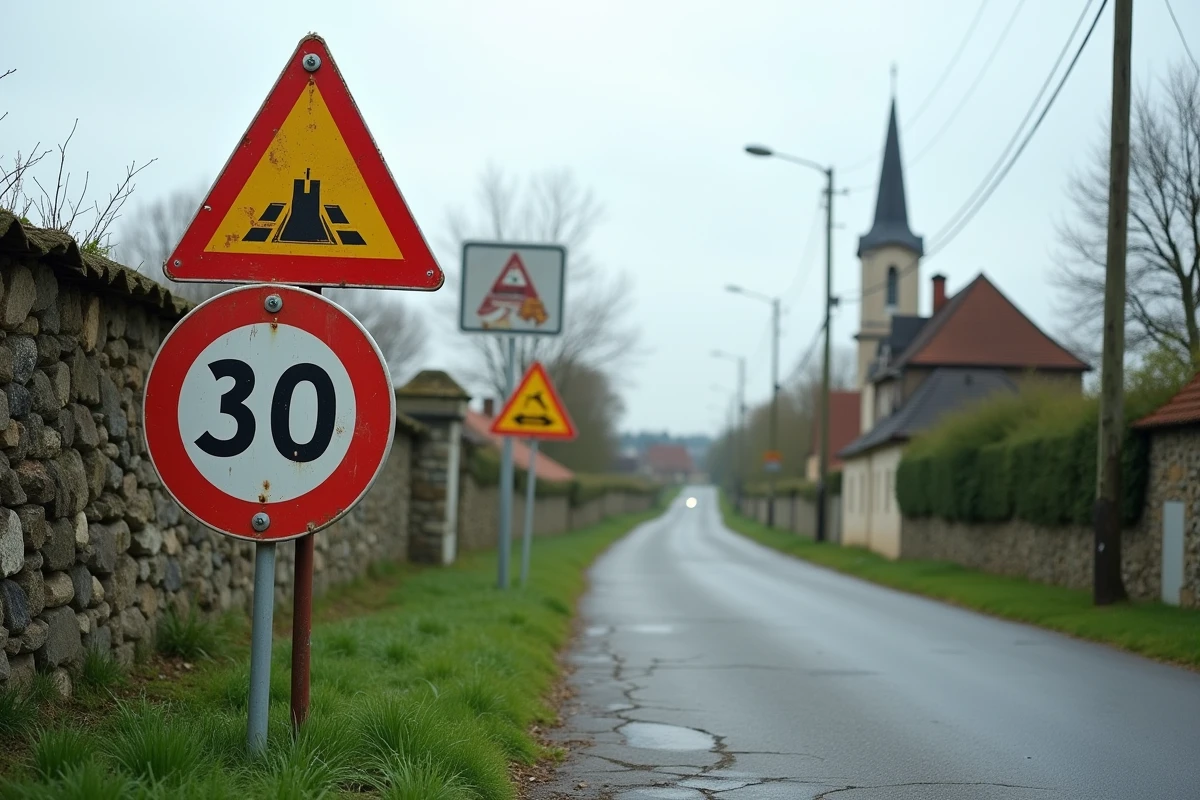 Ensemble de panneaux de signalisation réglementaire à un carrefour de commune française