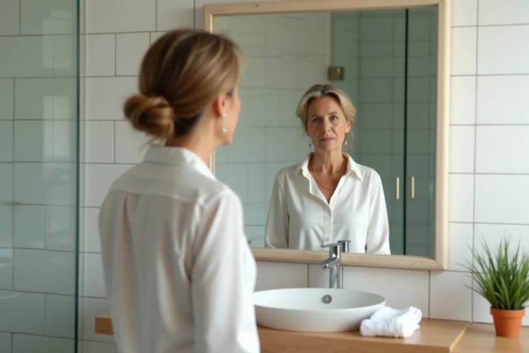 Femme d'une cinquantaine d'années se regardant dans un miroir de salle de bain, illustrant les changements corporels liés à l'âge