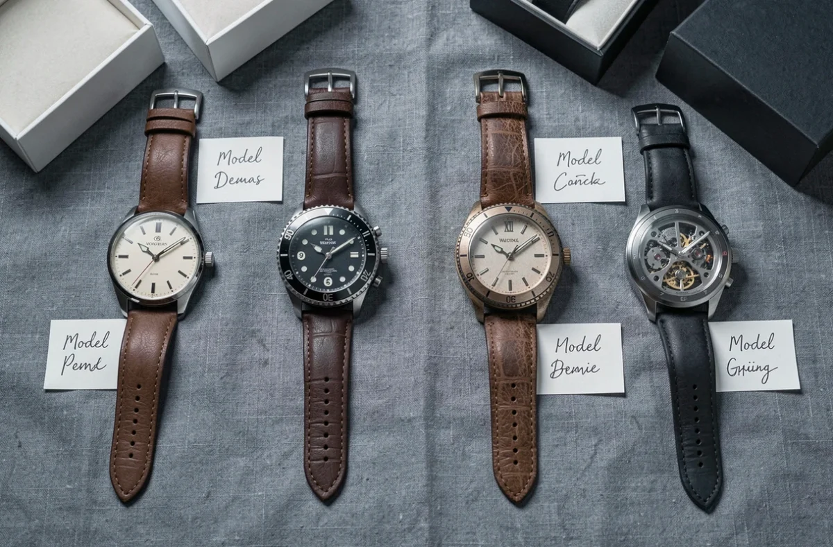 Présentation à plat de quatre montres de styles différents sur tissu lin gris ardoise pour article horloger