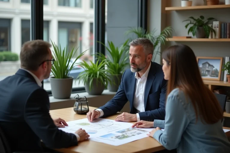 Conseiller immobilier professionnel présentant des plans et documents financiers à un couple lors d'une consultation en agence
