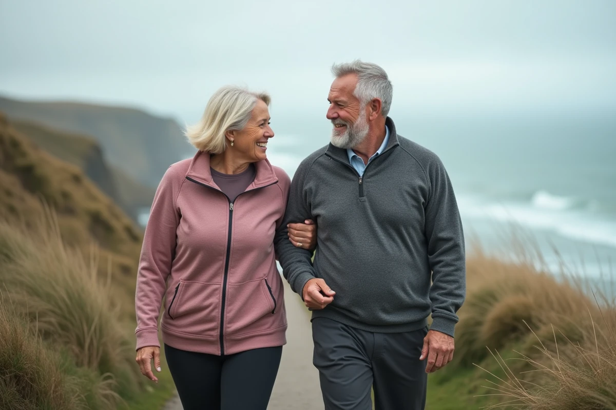 Couple de seniors souriant lors d'une promenade en bord de mer, symbole d'une retraite active et épanouissante