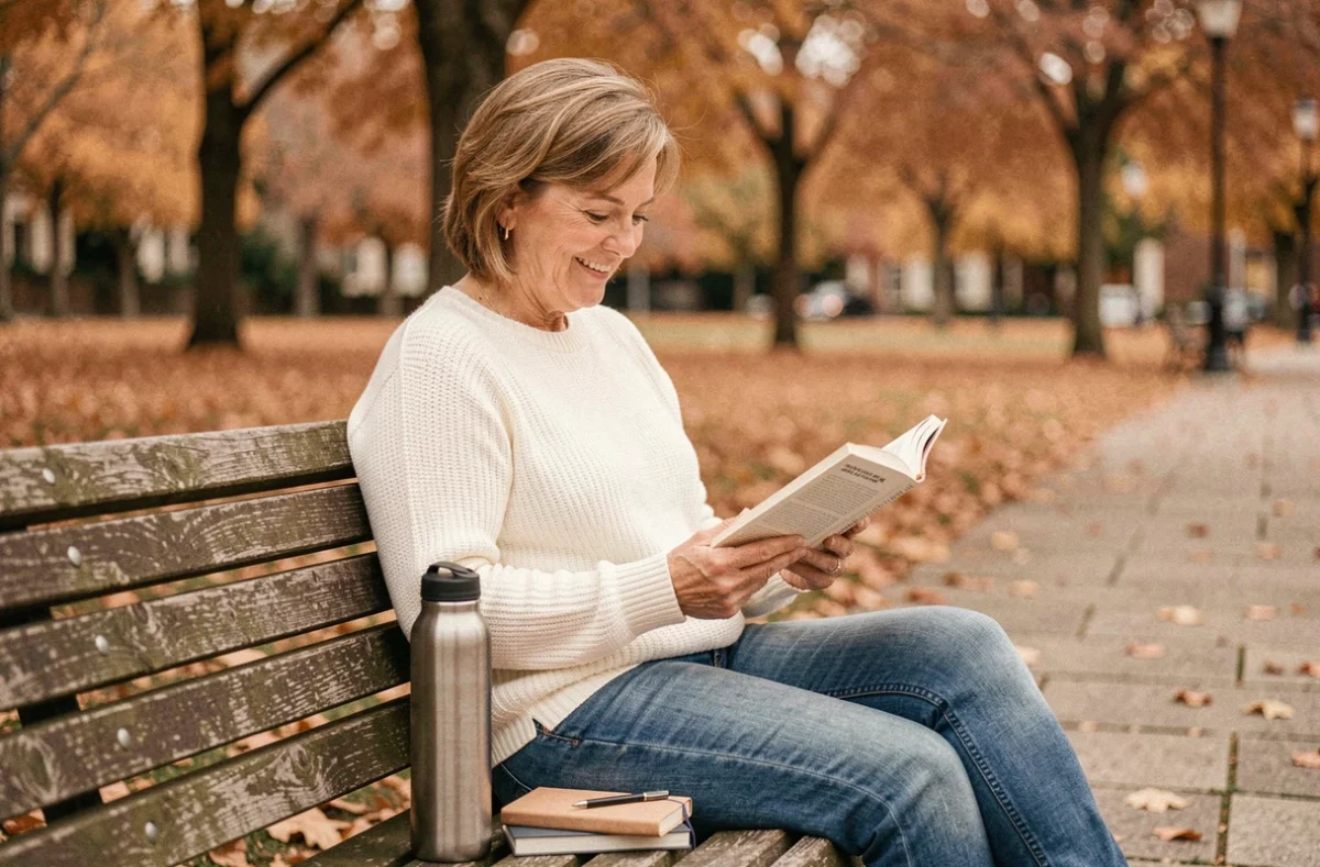 Femme lisant dans un parc en automne illustrant la détente et le bien-être mental comme pilier de la santé quotidienne
