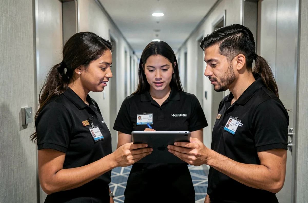 Équipe d'extra en hôtellerie lors d'un briefing avant service dans un couloir d'hôtel moderne