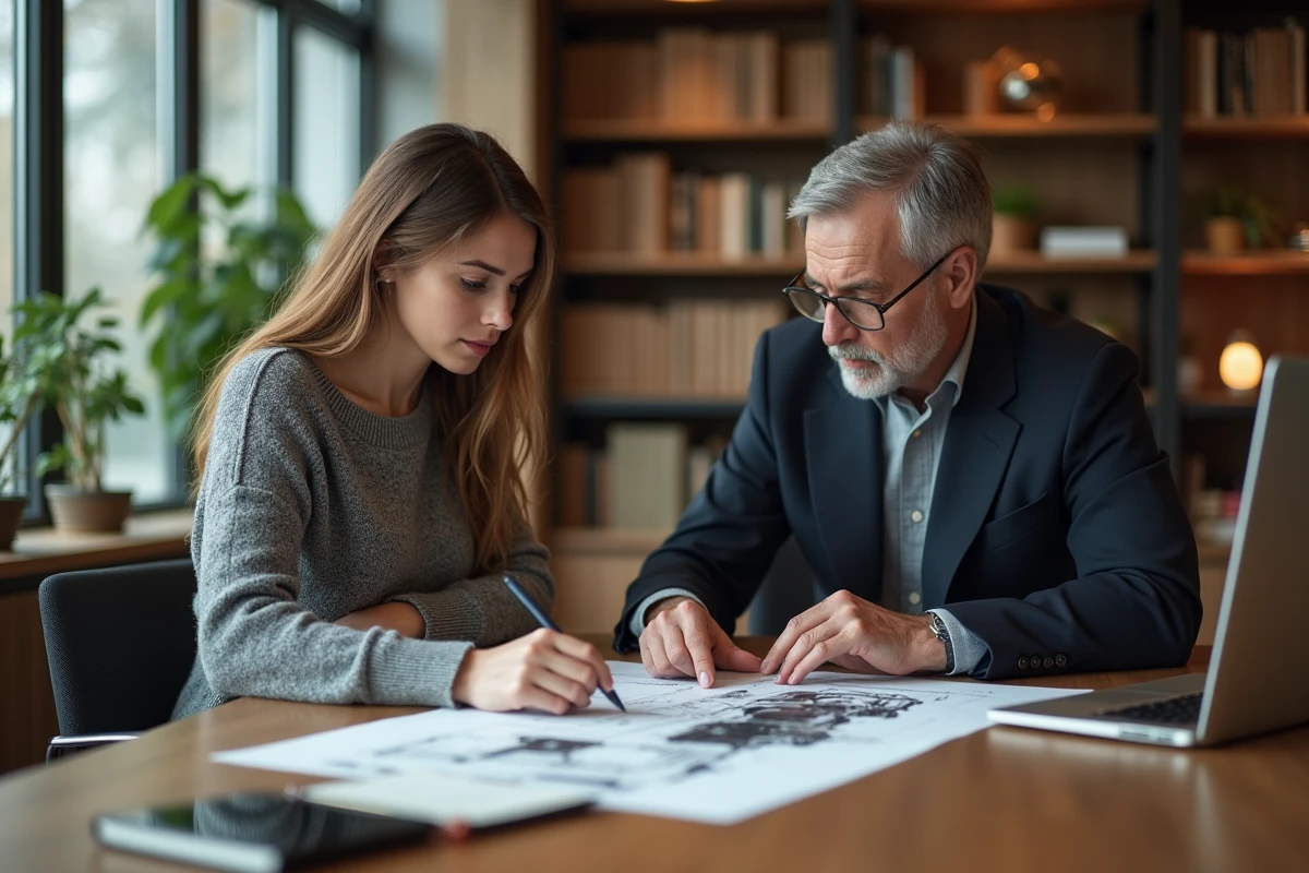 Jeune femme et expert juridique examinent un diagramme auto