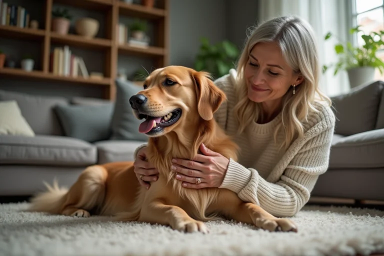 Femme caressant son chien dans un salon chaleureux