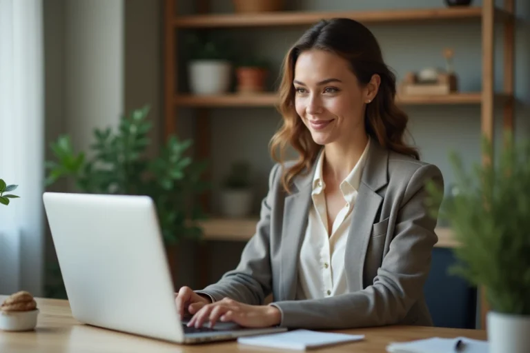Femme concentrée travaillant à son bureau à domicile