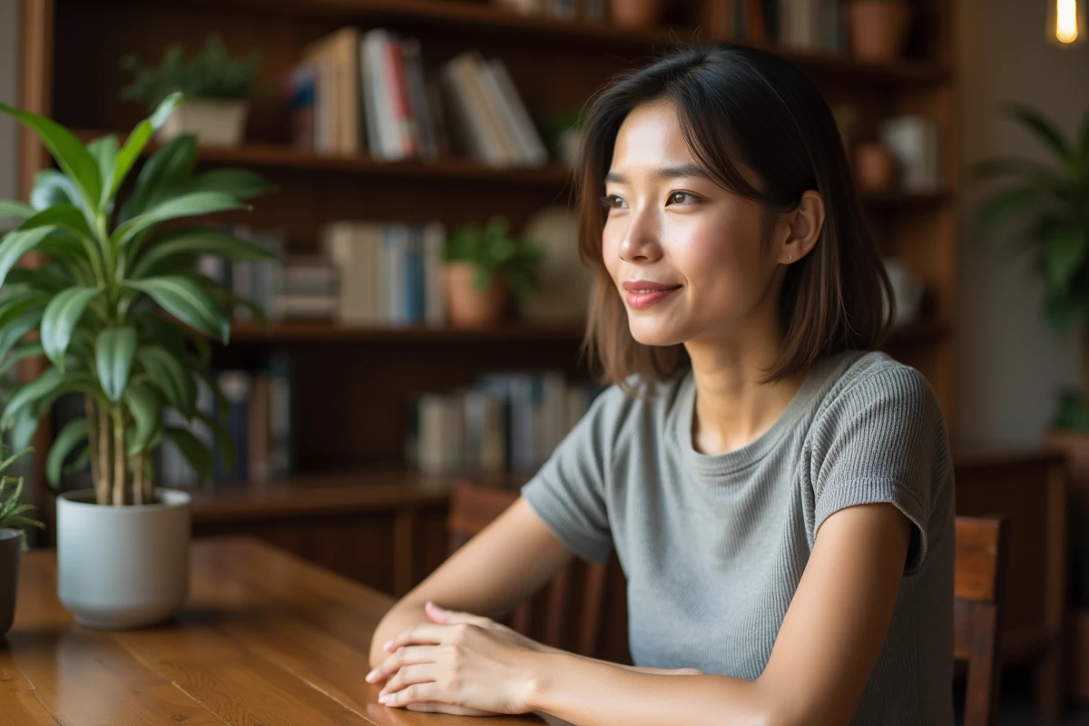 Femme assise dans un café chaleureux avec livres et plantes
