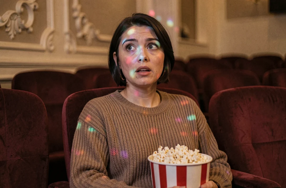 Femme captivée dans une salle de cinéma classique, regardant un film avec émerveillement, popcorn à la main