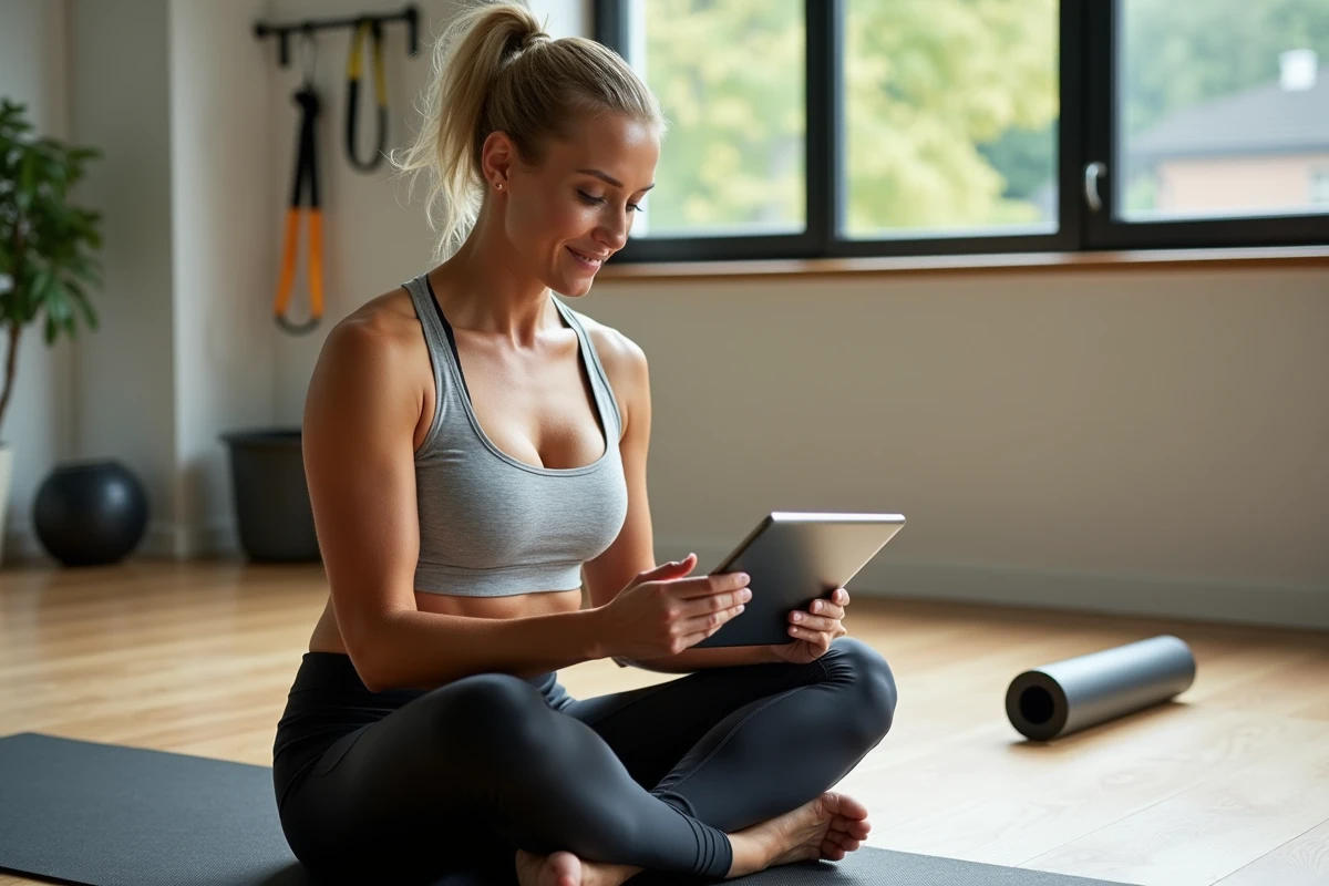 Femme active dans la cinquantaine pratiquant le yoga à domicile, en lien avec l'entretien corporel et la santé féminine avec l'âge