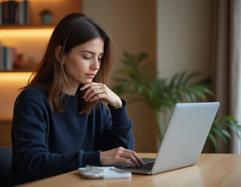 Femme consultant le sitemap d'un site web sur son ordinateur portable dans un bureau à domicile