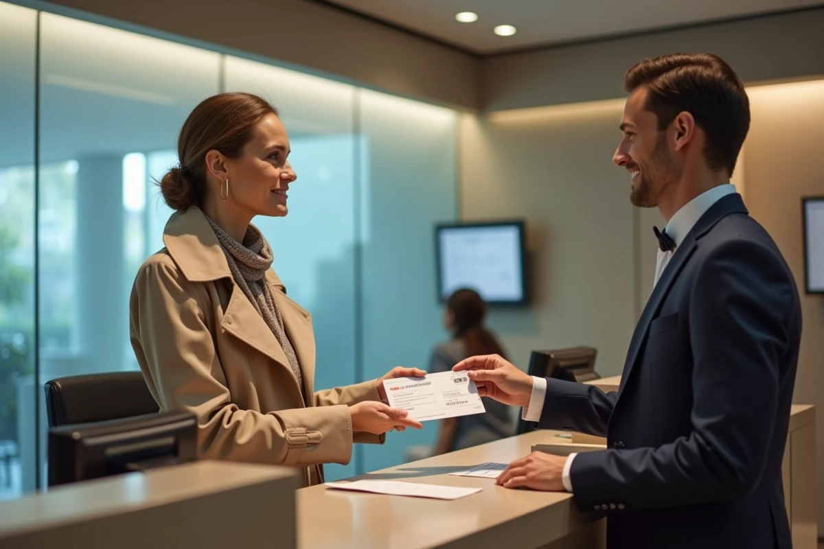 Femme élégante remet un chèque à un agent bancaire moderne