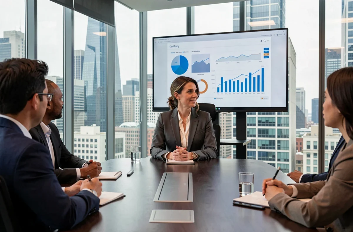 Femme dirigeante présentant une stratégie d'entreprise en salle de réunion moderne, symbole de la montée en puissance des femmes dans les postes de direction d'ici 2026