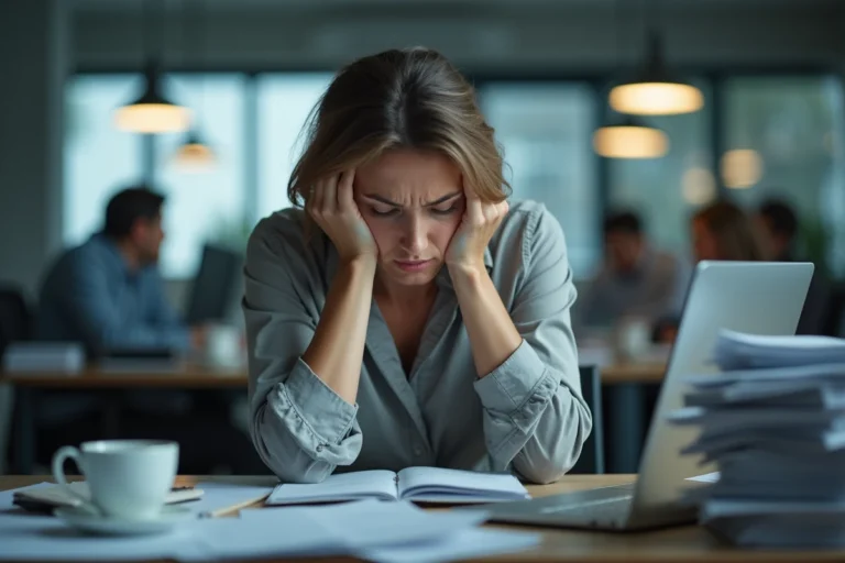 Femme épuisée en burn out professionnel, tête dans les mains devant un bureau encombré au bureau