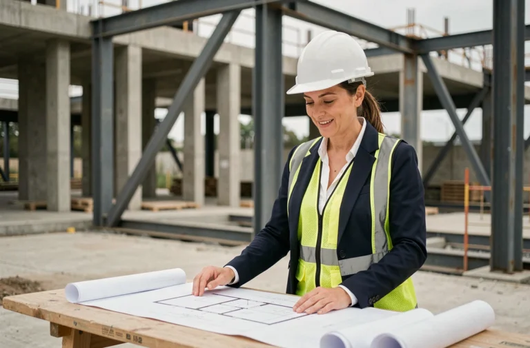 Femme ingénieure en chef sur un chantier de construction moderne, portant un casque blanc et un gilet de sécurité, illustrant l'évolution des métiers féminins dans le BTP