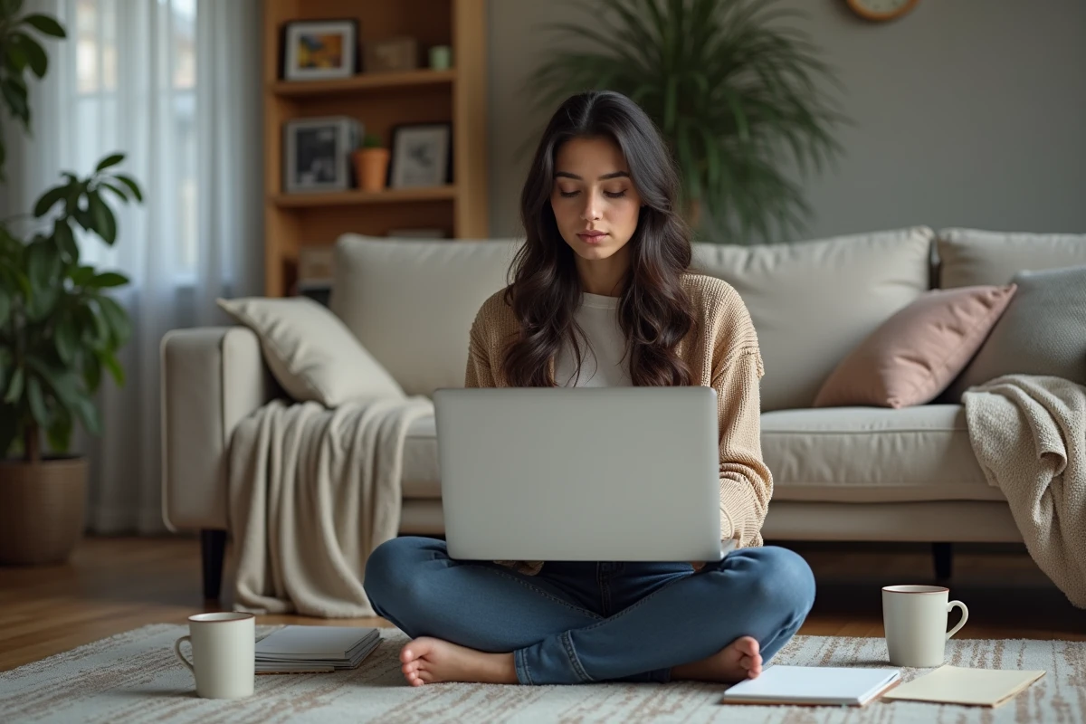 Jeune femme concentrée sur son ordinateur portable dans le salon
