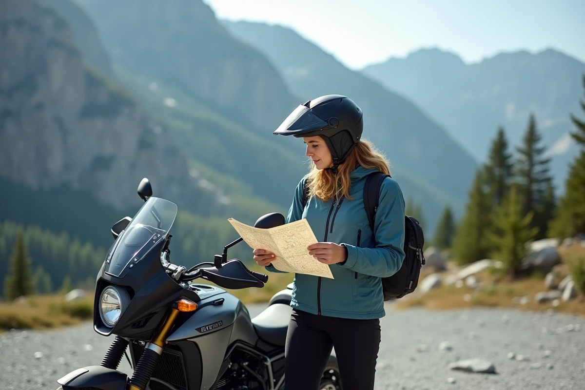 Femme motarde en équipement textile consultant une carte routière devant sa moto de tourisme en montagne