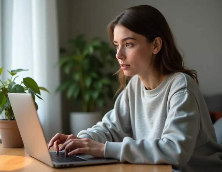 Jeune femme regardant une plateforme vidéo alternative sur son ordinateur portable dans un bureau moderne à domicile