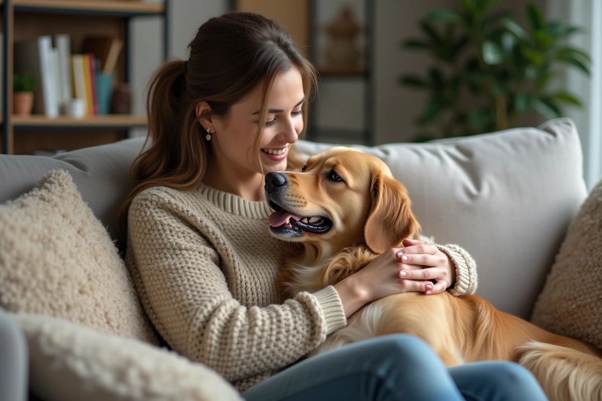 Femme souriante avec son retriever dans un salon chaleureux
