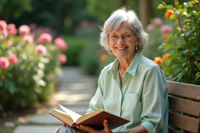 Femme senior épanouie lisant un livre dans un jardin botanique, profitant pleinement de sa retraite en plein air