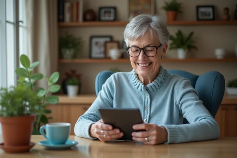 Femme senior souriante utilisant une tablette à la maison