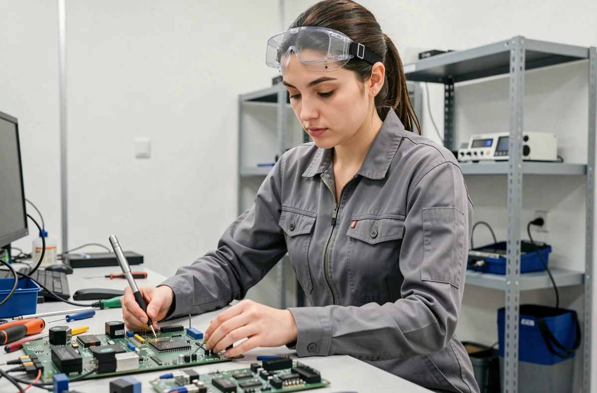 Jeune femme technicienne en robotique travaillant sur des composants électroniques dans un laboratoire technologique, représentant la transformation des métiers féminins dans les secteurs STEM