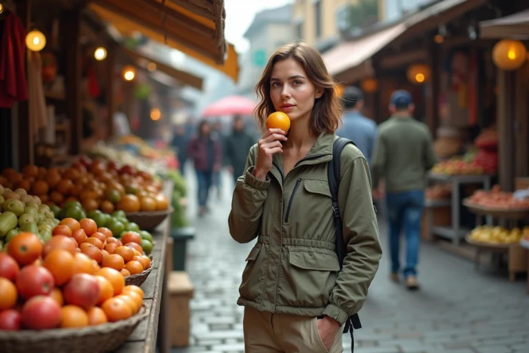 Femme curieuse dégustant un fruit dans un marché local