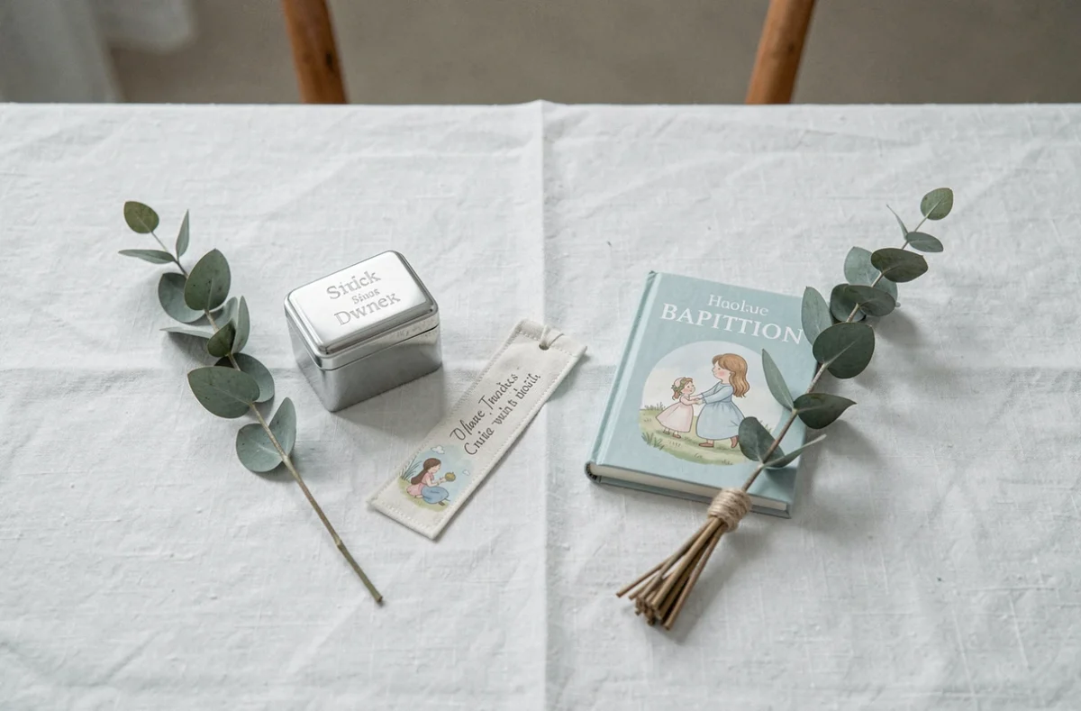 Flat lay de cadeaux de baptême originaux : boîte gravée, livre illustré et marque-page personnalisé sur lin blanc