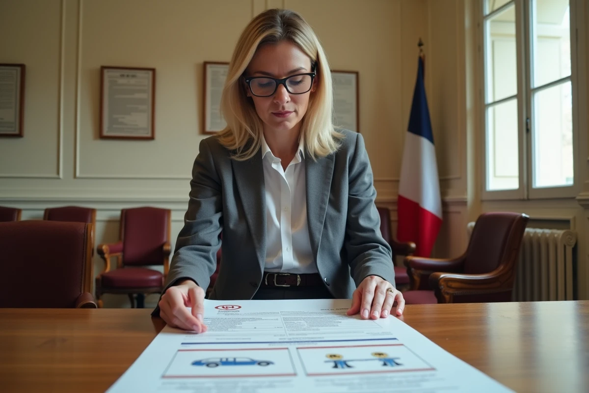Fonctionnaire municipale étudiant la réglementation de la signalisation routière en mairie