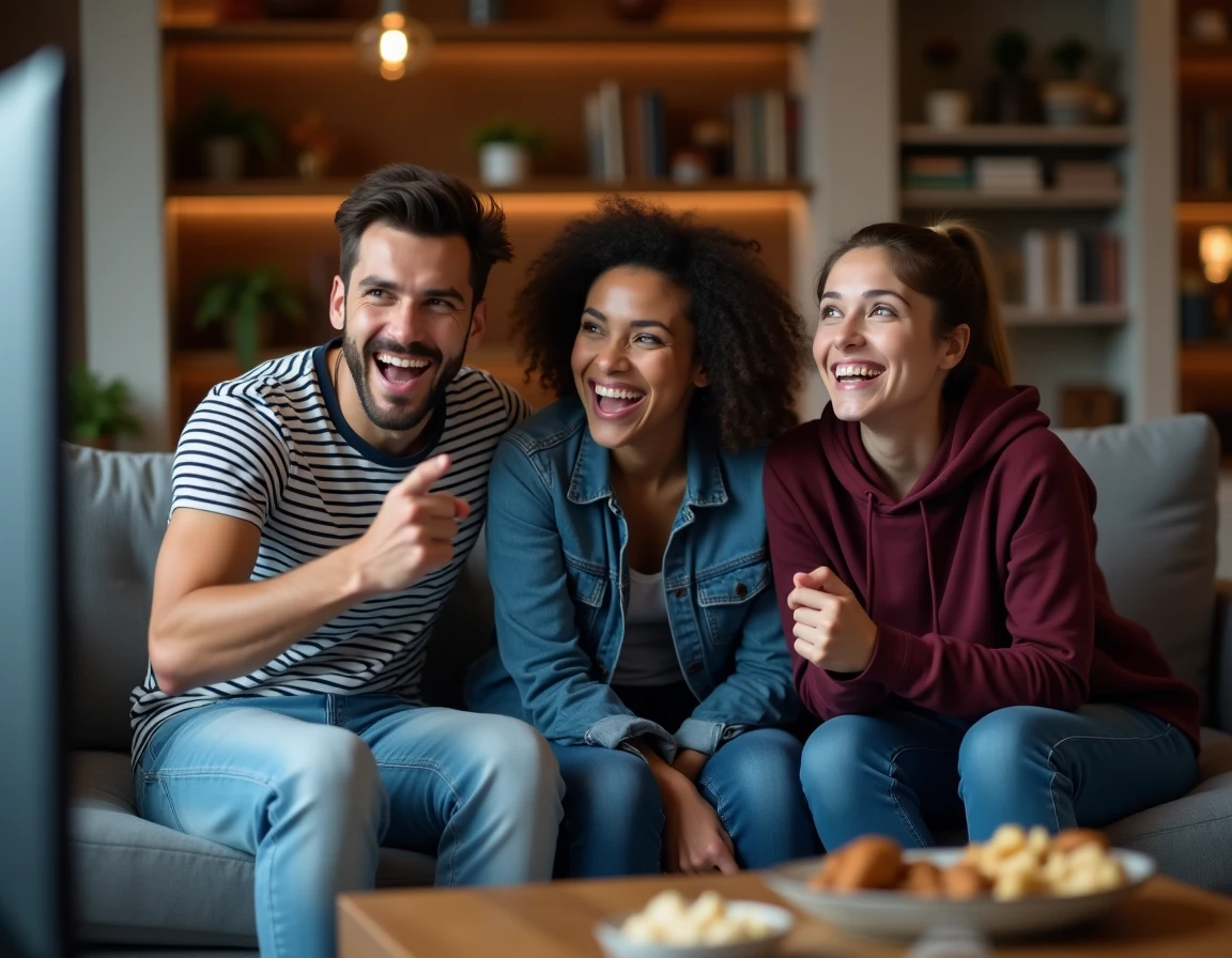 Groupe d'amis réunis dans un salon pour regarder ensemble une nouvelle plateforme vidéo sur télévision connectée