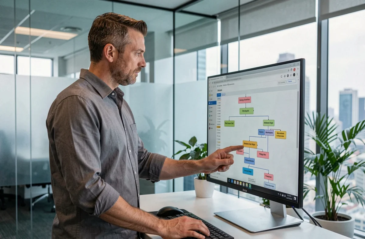 Homme d'affaires consultant la page sitemap d'un site web sur un grand écran dans un bureau moderne avec cloisons vitrées