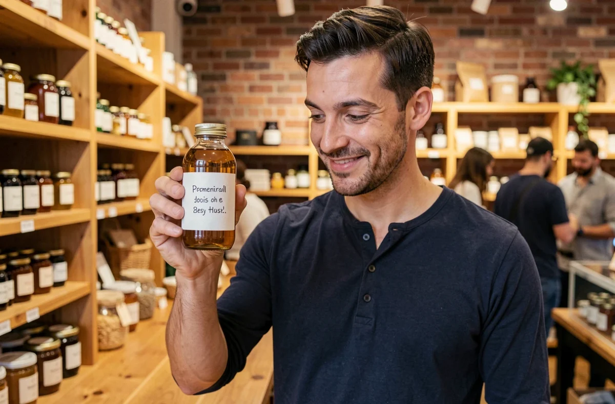 Homme en boutique artisanale choisissant un cadeau de baptême original comme un pot de miel personnalisé