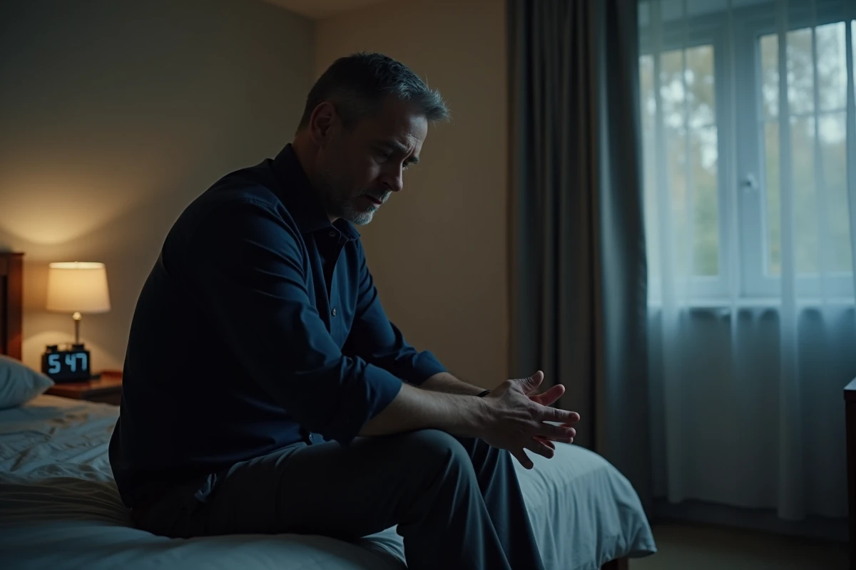 Homme en burn out assis sur le bord du lit en tenue de travail, épuisement physique visible au lever du matin