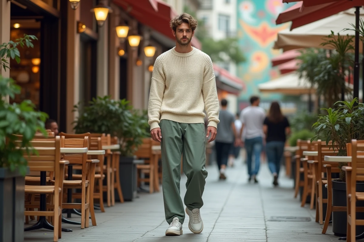 Jeune homme en pull crème et pantalon vert dans un café extérieur animé