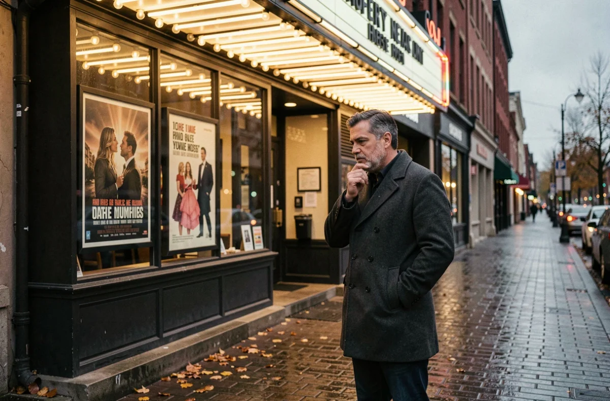 Homme contemplatif devant la façade d'un cinéma indépendant vintage en soirée, affiche de film en vitrine