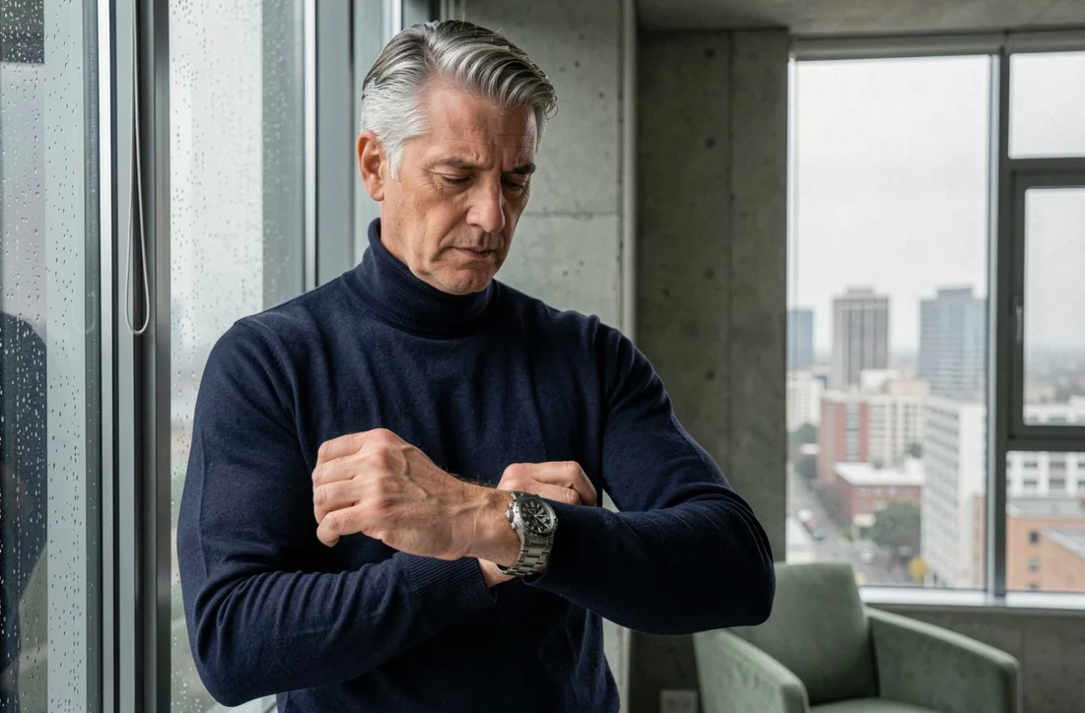 Homme élégant attachant une montre chronographe en acier inoxydable près d'une fenêtre urbaine pluvieuse