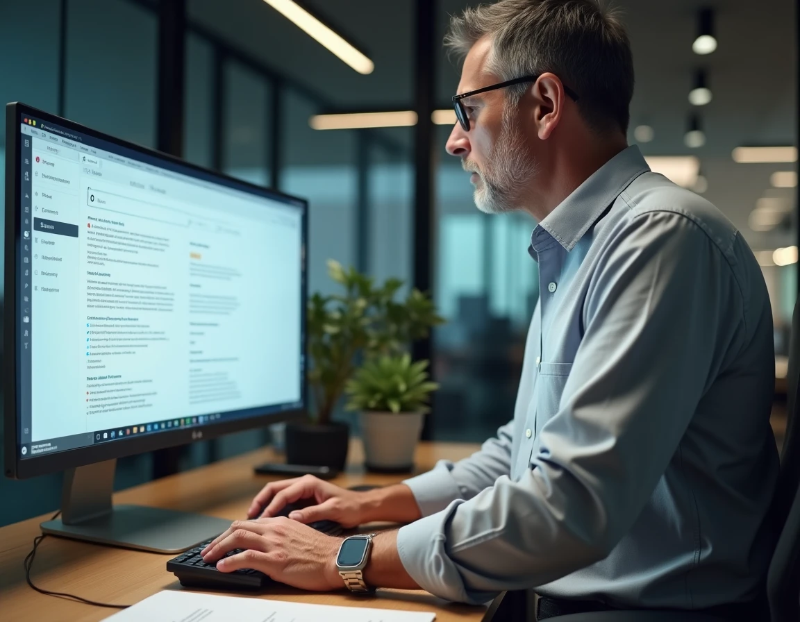 Homme naviguant sur un sitemap de site d'information depuis un bureau moderne en open space